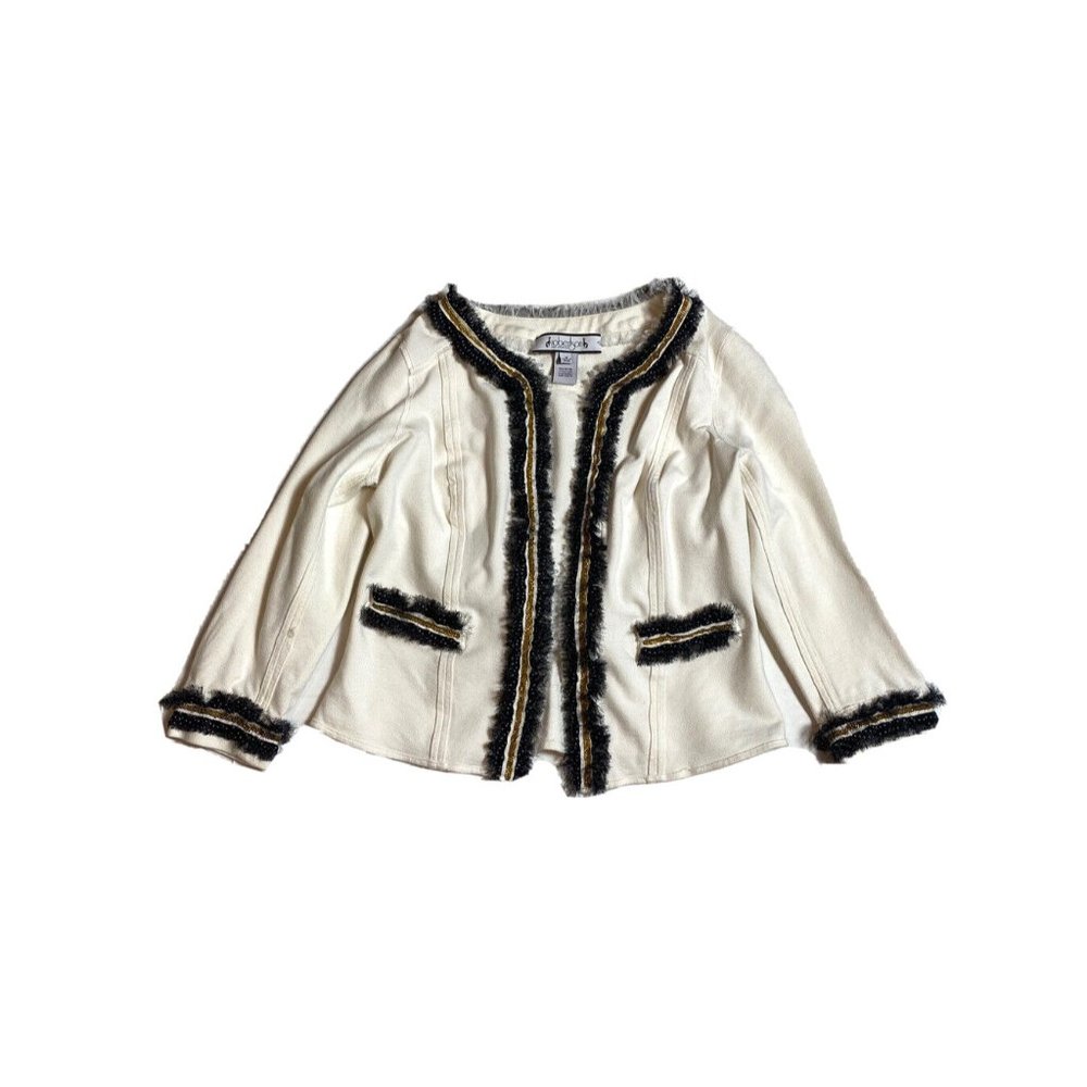 Robertson Los Angeles Womens Blazer Jacket Ivory Black Gold 3/4 Sleeve Stretch S
